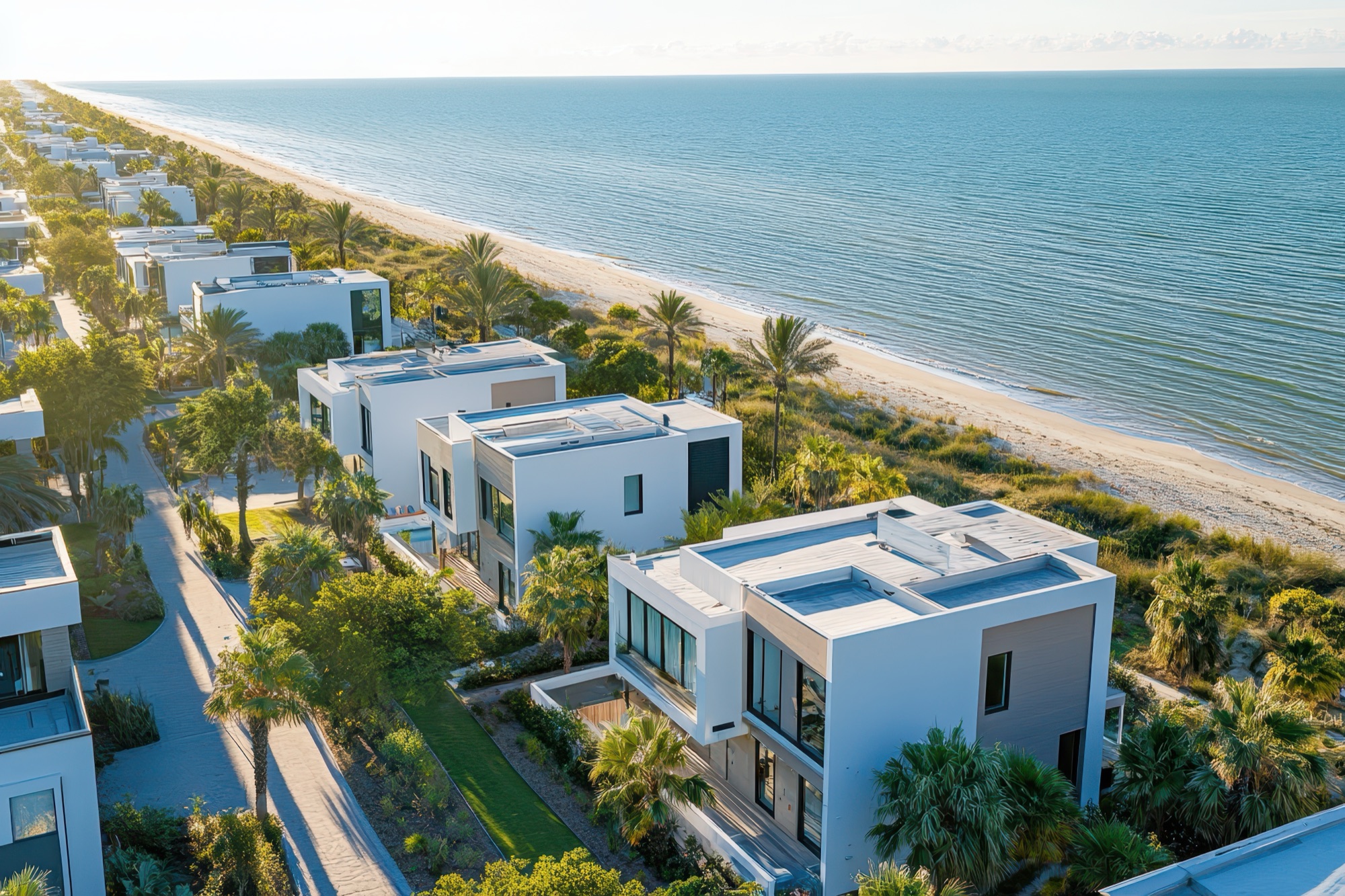 Aerial view of modern beachfront houses along a serene coastline