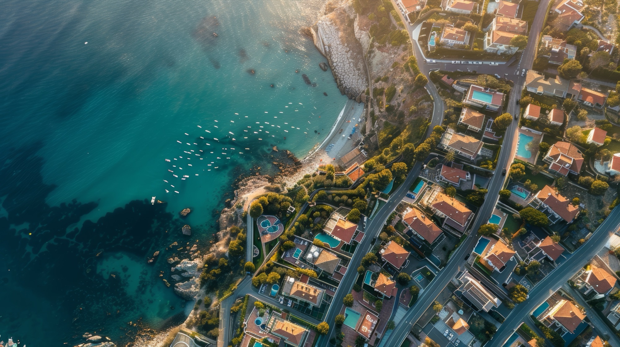 Aerial view of turquoise Mediterranean water with residential beachfront, boats, and swimming pools