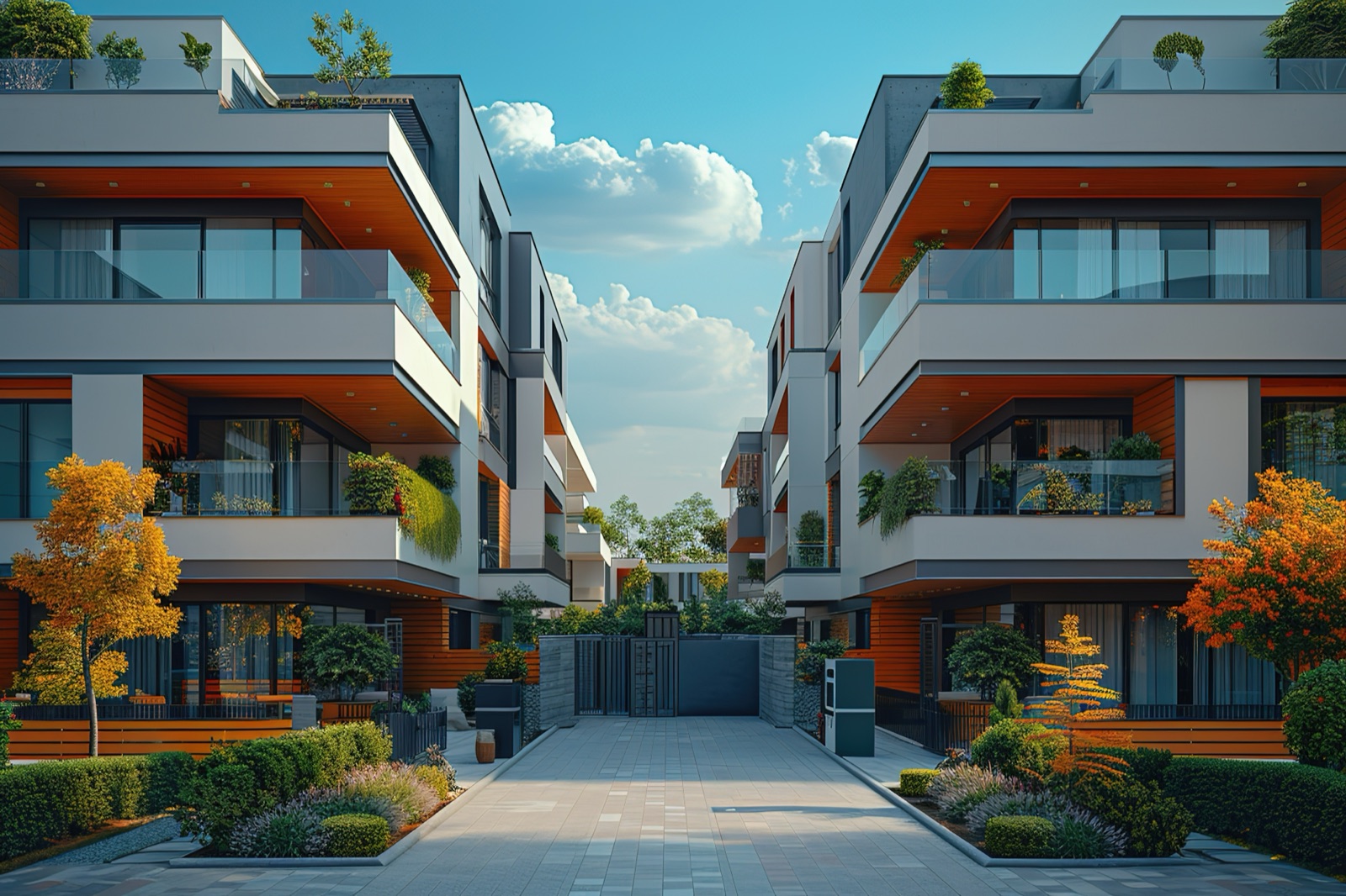 Apartment buildings around a landscaped courtyard