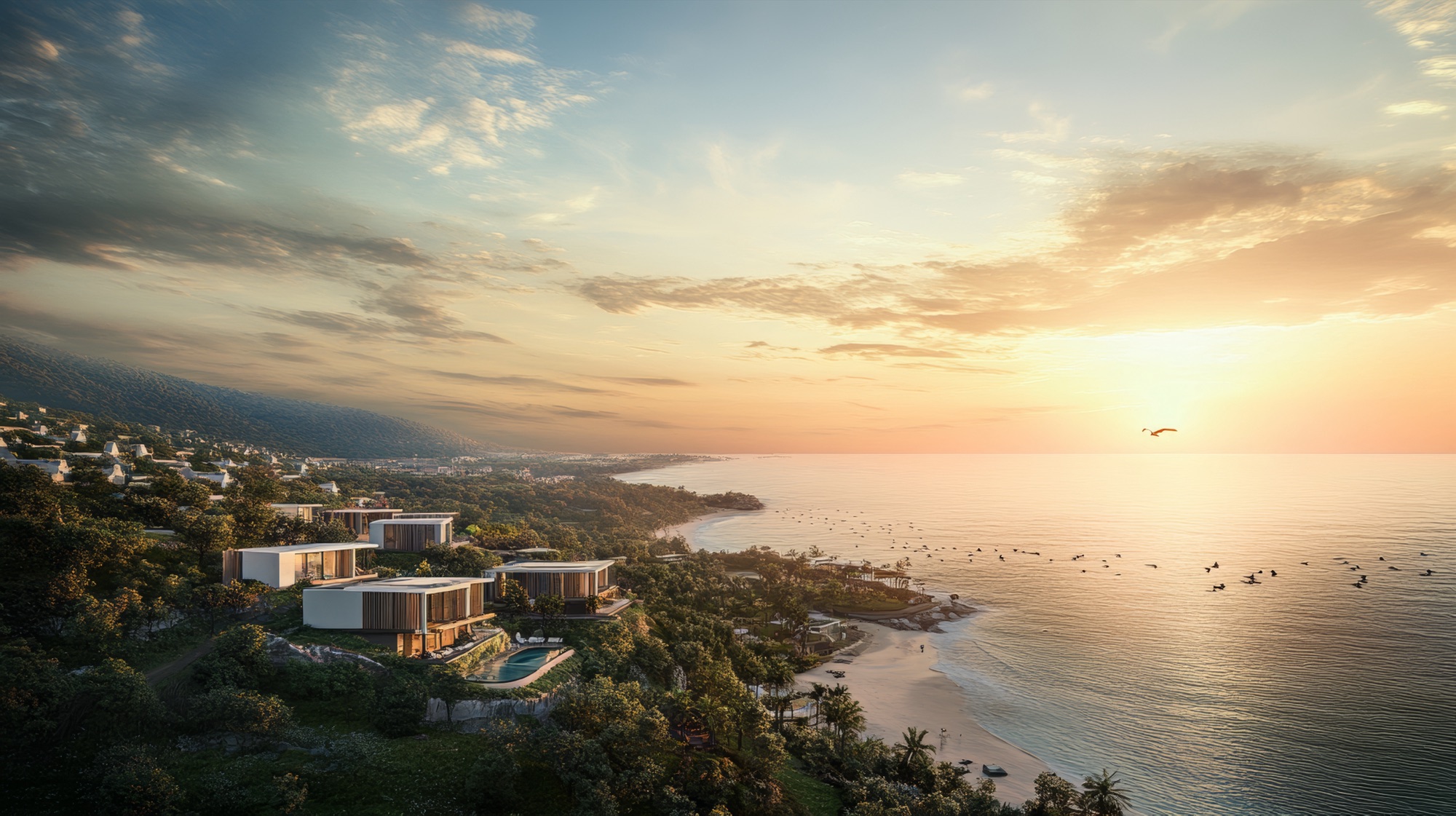 Sunset over a serene Mediterranean coastline