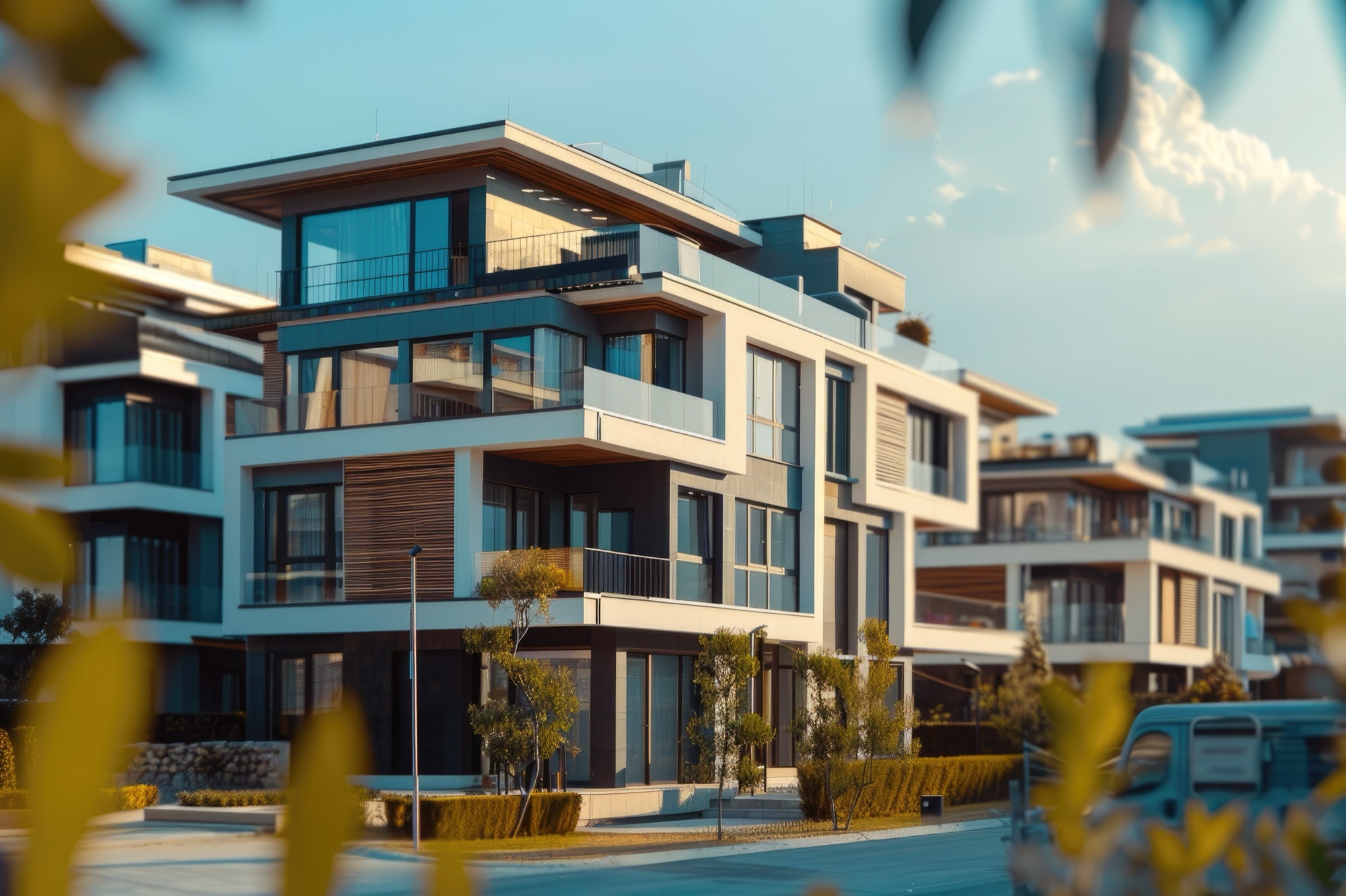 Luxury villa with pool exterior at dawn, garden illuminated by sunrise